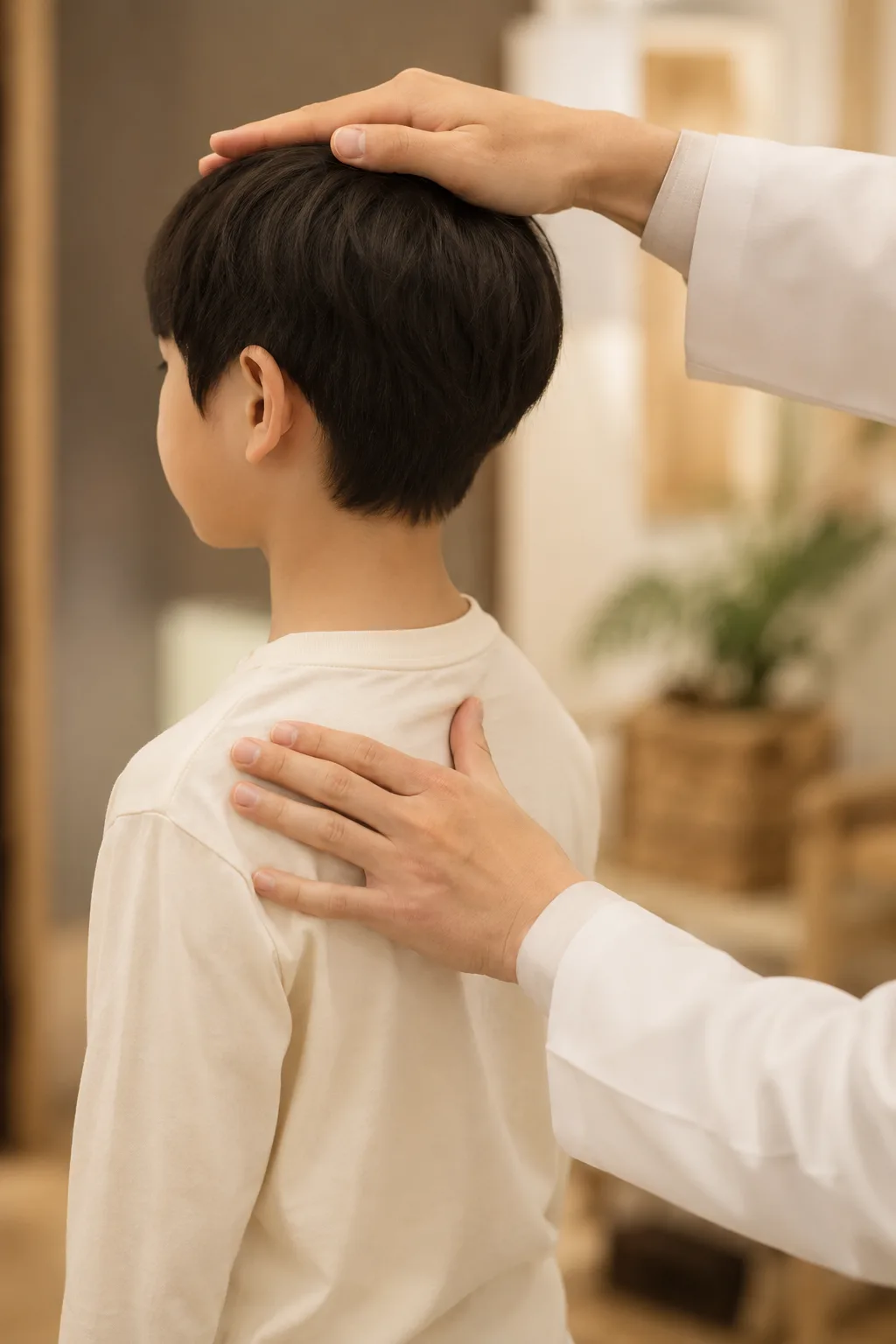 아이의 자세를 살피는 진료 장면